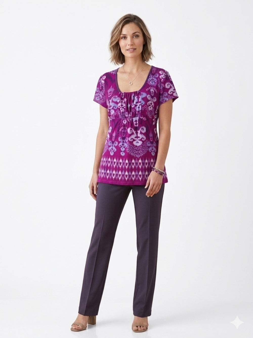 Liz Claiborne Purple Patterned Short Sleeve Blouse